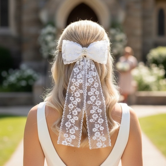 Accessories - Elegant White Embroidered Lace Hair Bow clip . Handmade and NWOT